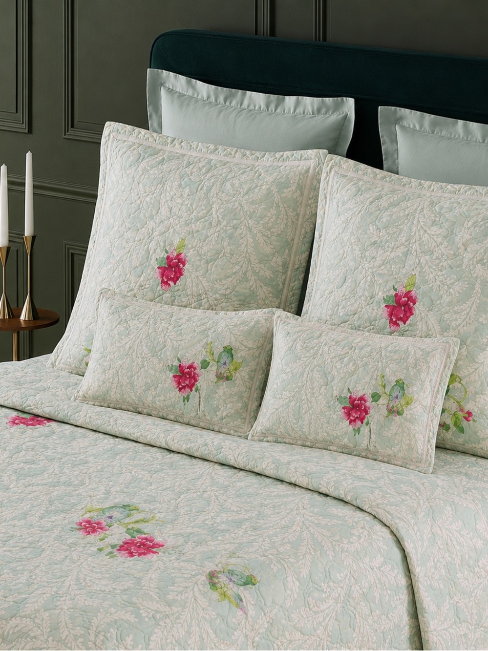 Yves Delorme Set Quilted Floral Parrot Pillow Sham Euro Boudoir French Cottage